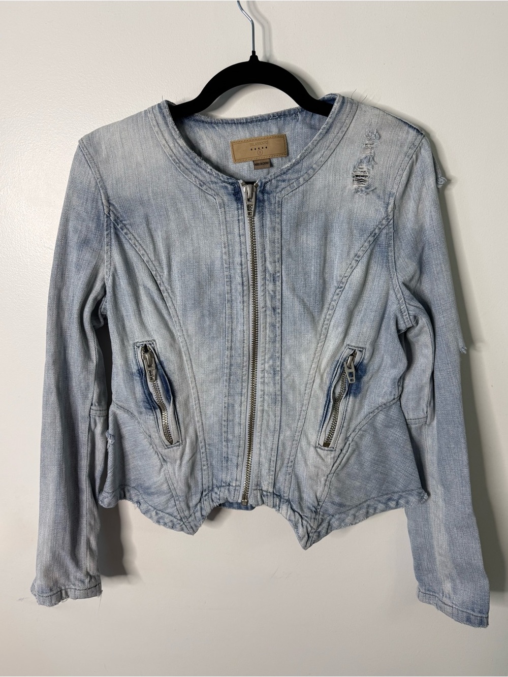 BlankNYC Light Wash Distressed Denim Moto Biker Jacket Y2K Vintage Cool Style